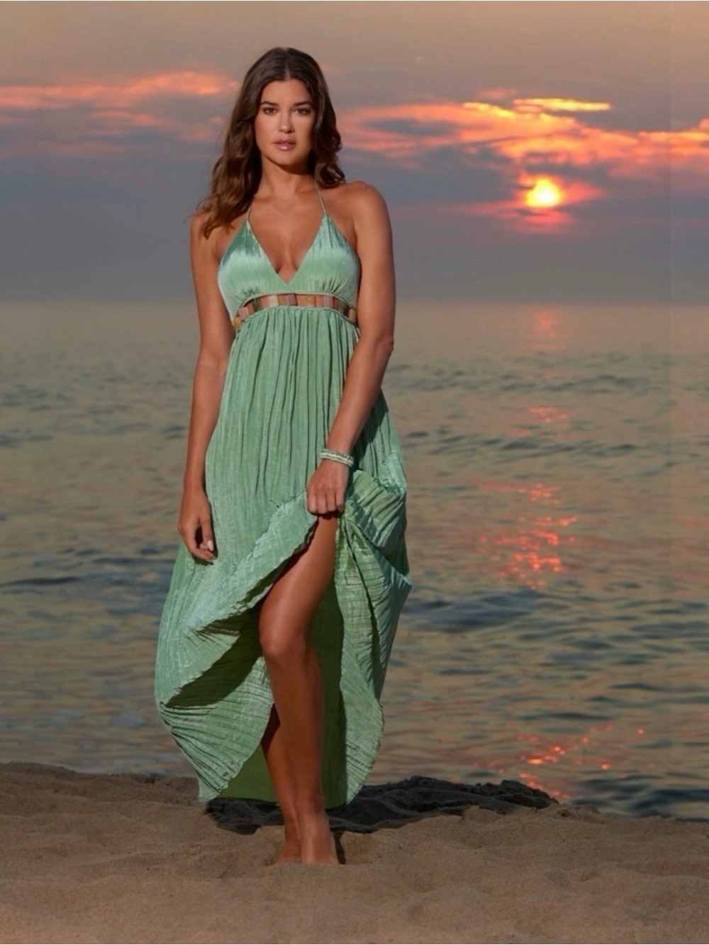 Ibiza by Anne Cole Green V-Neck Halter Maxi Dress w/ Jewel Trim Size Large